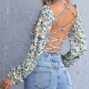 SHEIN Women's multi color Criss Cross Tie Back Crop Blouse